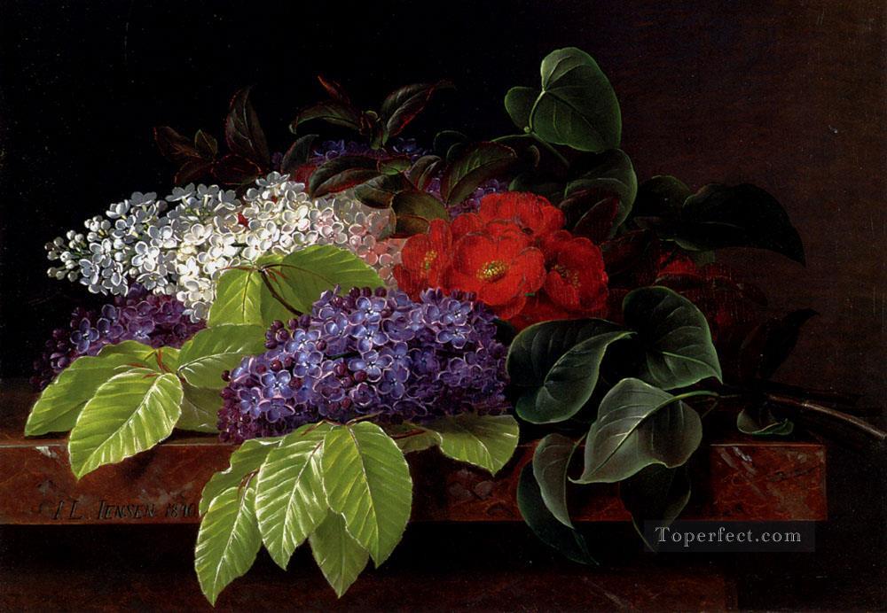 White And Purple Lilacs Camellia And Beech Leaves On A Marble Ledge Johan Laurentz Jensen flower Oil Paintings